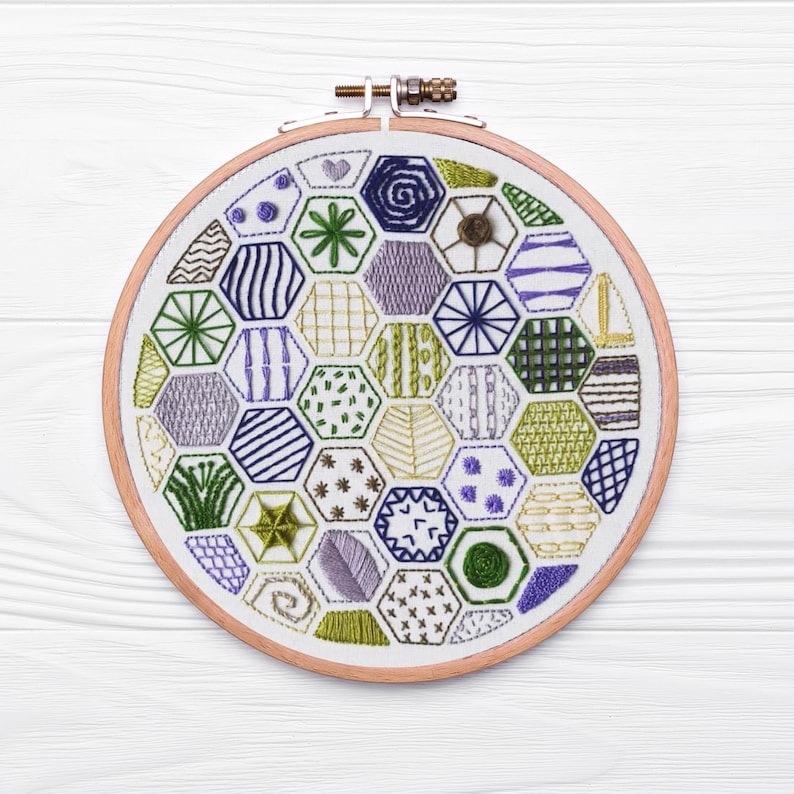 Hand embroidery pattern, Hexagon Sampler, PDF Embroidery Pattern, Embroidery Sampler, Learn 20 hand embroidery Stitches, modern embroidery Active