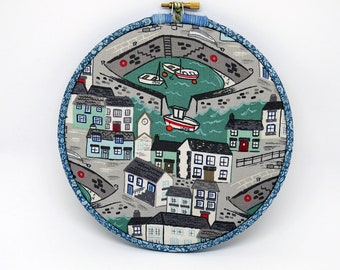 Memo Board, Hoop Art Decoration - Harbour Side fabric , Pin Board, wall art