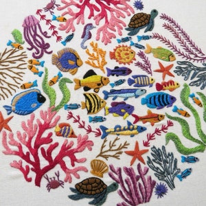 Ocean Wonders, Pre Printed Fabric Panel PLUS Pattern, hand embroidery pattern