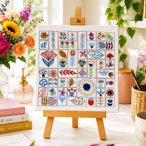 Flowery Folk, Pre Printed Fabric Panel PLUS PDF Pattern, Hand Embroidery Pattern and Fabric, Floral Pattern, Folk Flower Embroidery