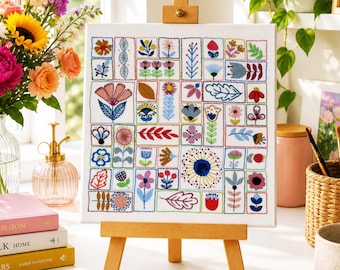 Flowery Folk, Pre Printed Fabric Panel PLUS PDF Pattern, Hand Embroidery Pattern and Fabric, Floral Pattern, Folk Flower Embroidery