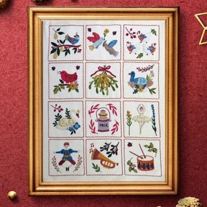 12 Days of Christmas Hand Embroidery Pattern, Christmas PDF Pattern, modern embroidery sampler image 1