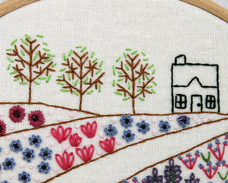 Flower Meadow Cottage hand embroidery needlework pattern
