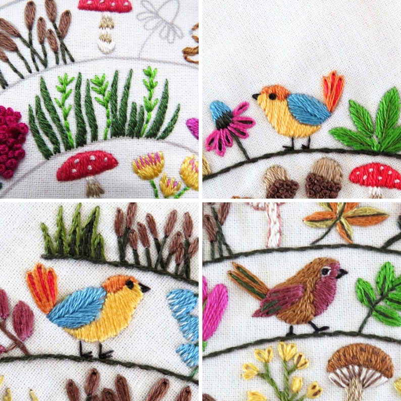 round and round the woodland hand embroidery pattern beautifully presented and created by hand stitching.