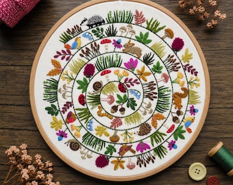 Round & Round the Woodland hand embroidery kit, embroidery fabric, embroidery thread