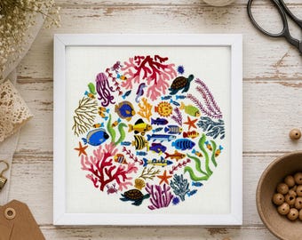 Handborduurpatroon Ocean Wonders, pdf-borduurpatroon, borduurmotief tropische vissen