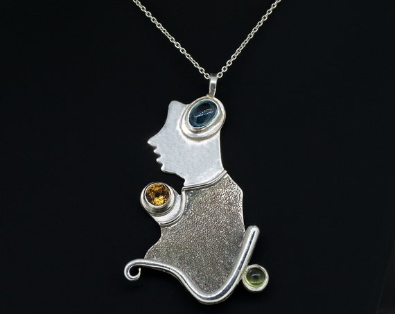 Human Silhouette Pendant with Blue Topaz, Peridot and Citrine