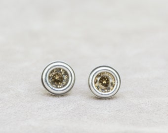 Round Yellow Silver Earrings, Silver Zircon Earrings