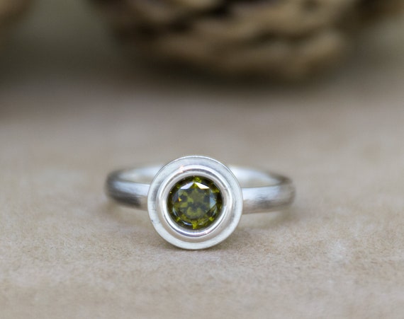 Olive Green Zircon Silver Ring | Green Solitaire Ring | Simple Engagement Ring