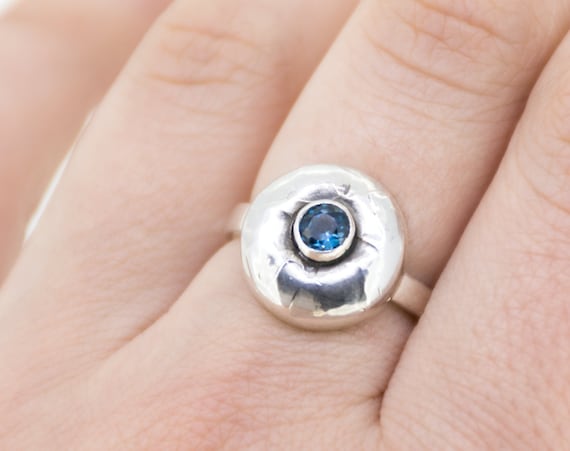 London Blue Topaz Ring, Flower Silver Ring, Textured Silver Ring