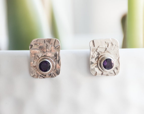 Purple Amethyst Rectangle Earrings, Silver Amethyst Stud Earrings, Artisan Earrings