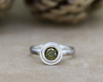 Green Gemstone Ring, Olive Green Ring, Zircon Silver Ring