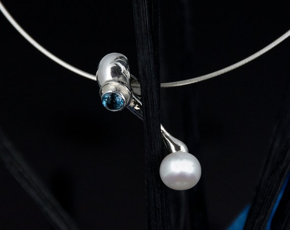 London Blue Topaz Necklace, White Pearl Silver Necklace