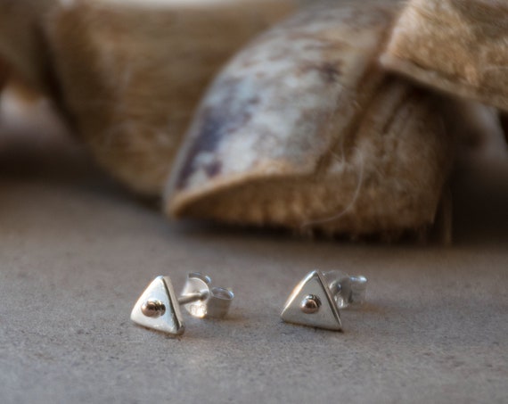 Small Sterling Silver Earrings with Gold, Geometric Silver Stud Earrings with Gold, Minimalist Style Earrings with 14K Rose Gold, Tiny Studs
