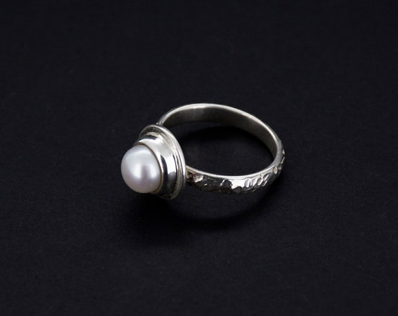 Minimal Textured Sterling Silver Pearl Engagement Ring
