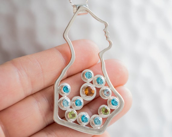 Gemstone Cocktail Silver Pendant, Unique Multi Stone Necklace
