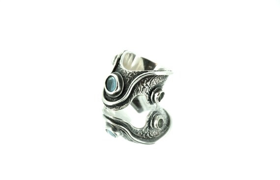 Blue Topaz Silver Ring, Artisan Ring, Peridot Ring, Oxidised Silver