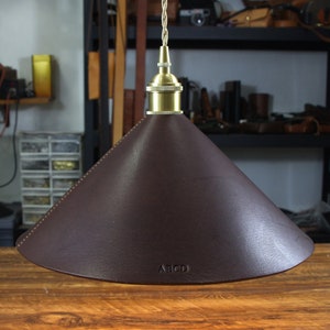 Personalized Vintage Leather Pendant Light,Kitchen Island Cone Lamp,Cone Pendant Light,Dining Room Leather Light Fixture, Leather Lampshade