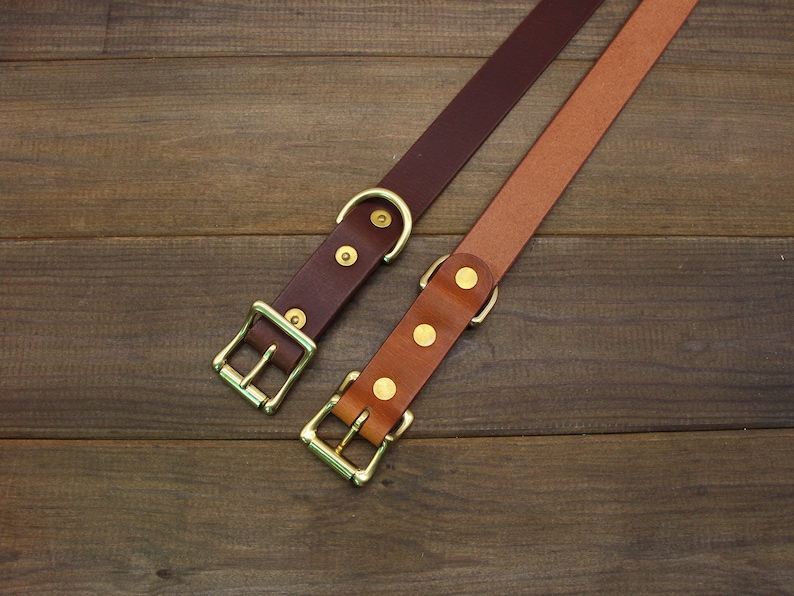 May include: Two leather dog collars with brass buckles and D-rings. The collars are brown and tan.