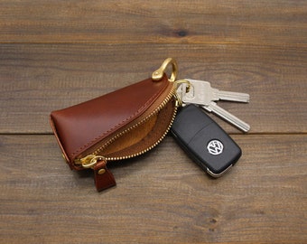 Leather Key Pouch with Pull Strap Case Holder Bag Ring Organizer House Car  Keys