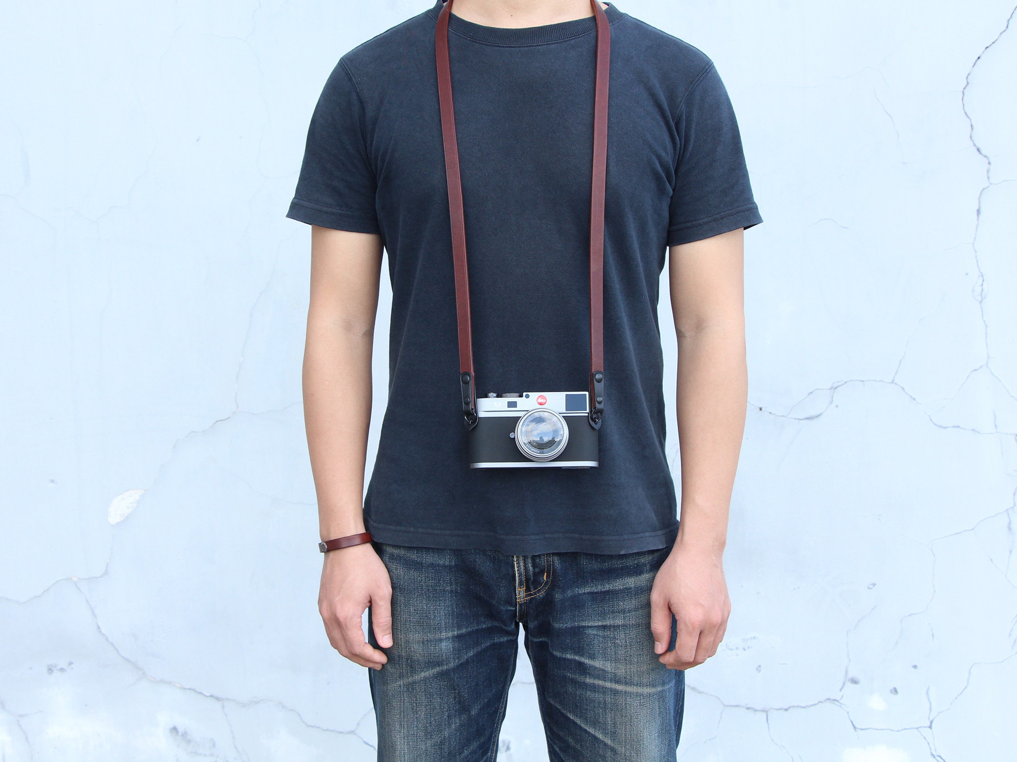 Personalized Brown Black Leather Camera Strap compact camera neck strap lightweight camera strap For leica Fuji canon Photographer gift