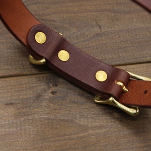 May include: A brown leather belt with a brass buckle and four brass rivets. The belt is folded in half and the buckle is closed.