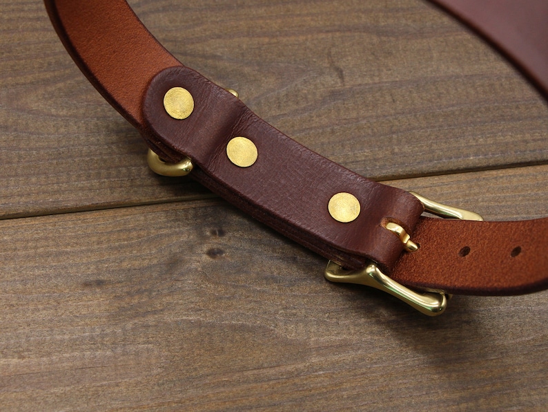 May include: A brown leather belt with a brass buckle and four brass rivets. The belt is folded in half and the buckle is closed.