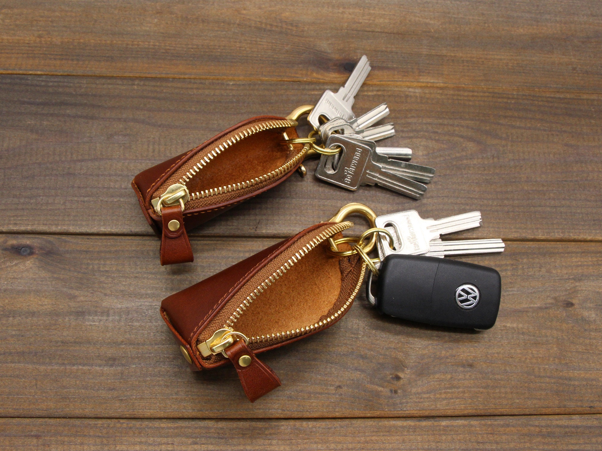 Nappa-Red AslabCrew Car Key Case Genuine Leather Car Smart Key Chain Keychain Holder Metal Hook and Keyring Zipper Bag for Remote Key