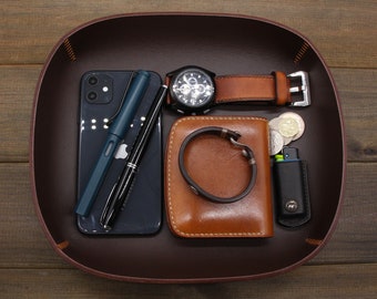 Hand Crafted Leather Office Desk Organizer,Leather Valet Tray,Monogrammed Home Decor,Decorative Desk Tray,Leather coin tray,Gifts for Men