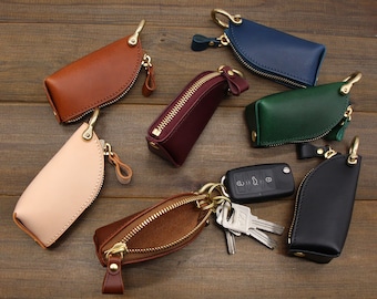 Leather Key Holder With Pull Strap Keychain Key Pouch 