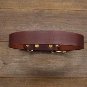 May include: A brown leather dog collar with brass hardware and the initials "BLW" embossed on the front.