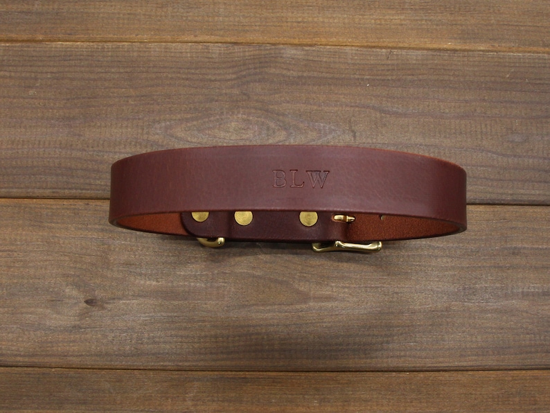 May include: A brown leather dog collar with brass hardware and the initials "BLW" embossed on the front.