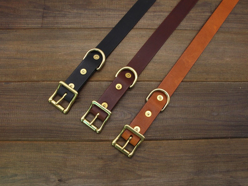 May include: Three leather dog collars with brass buckles. The collars are black, brown, and tan.