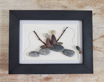Pebble Art: Gone Fishing, Rock Art Fishermen, Nature Lover Gifts, Unique Wall Decor Fisherman