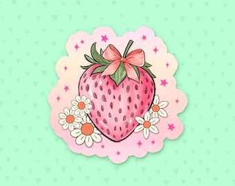 Strawberry Sticker, Daisy Sticker, Coquette Sticker, Girly Sticker, Pink Bow Sticker, Birthday Party Favor, Gift For Daughter