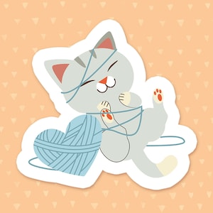 Cat With Yarn Sticker, Kitten Sticker, Knitting Sticker, Laptop Sticker, Water Bottle Sticker, Cute Waterproof Sticker, Gift For Cat Moms