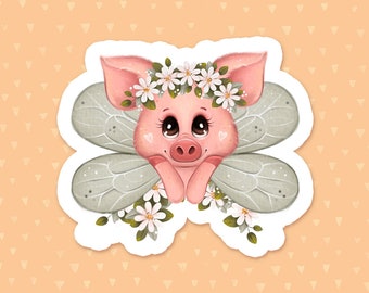 Watercolor Pig Sticker, Floral Laptop Sticker, Fairy Water Bottle Sticker, Farm Animal Phone Case Sticker, Waterproof Sticker, Gift For Mom