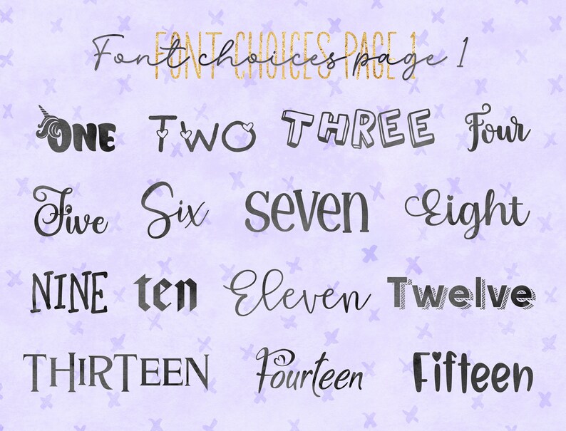 May include: A page of font choices for numbers one through fifteen. The fonts are in a variety of styles, including whimsical, playful, and elegant.