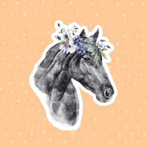 Horse Sticker, Watercolor Flowers, Black And White Laptop Sticker, Water Bottle Sticker, Phone Case Sticker, Cute Waterproof Sticker