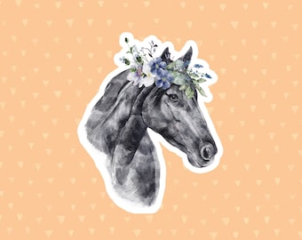Horse Sticker, Watercolor Flowers, Black And White Laptop Sticker, Water Bottle Sticker, Phone Case Sticker, Cute Waterproof Sticker