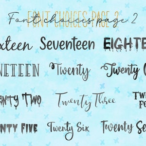 May include: A page of font choices for a design project. The fonts are numbered from sixteen to twenty-seven. The fonts are in a variety of styles, including script, sans serif, and serif.