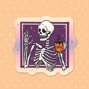 Skeleton Drinking Coffee Sticker, Laptop Sticker, Horror Water Bottle Sticker, Gothic Phone Case Sticker, Waterproof Vinyl Halloween Sticker