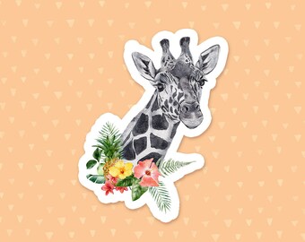 Giraffe Sticker, Watercolor Tropical Flowers, Animal Laptop Sticker, Water Bottle Sticker, Phone Case Sticker, Cute Waterproof Sticker