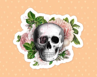 Floral Skull Sticker, Roses, Black And White Skeleton, Gothic Laptop Sticker, Water Bottle Sticker, Phone Case Sticker, Waterproof Sticker