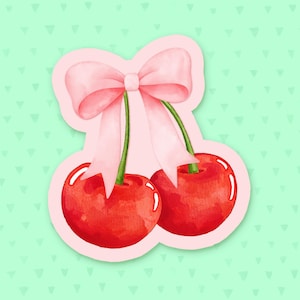 Cherry Sticker, Cherries Sticker, Coquette Sticker, Girly Sticker, Trendy Sticker, Pink Bow Sticker, Birthday Party Favor, Gift For Daughter