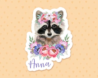 Personalized Raccoon Sticker, Watercolor Flowers, Boho Tumbler Sticker, Custom Name Sticker, Waterbottle Sticker, Raccoon Lover Gift