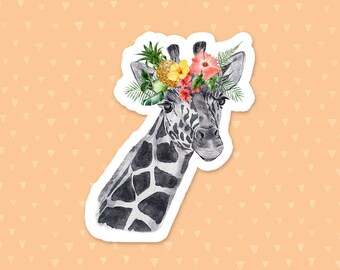 Giraffe Sticker, Watercolor Tropical Flowers, Animal Laptop Sticker, Water Bottle Sticker, Phone Case Sticker, Cute Waterproof Sticker