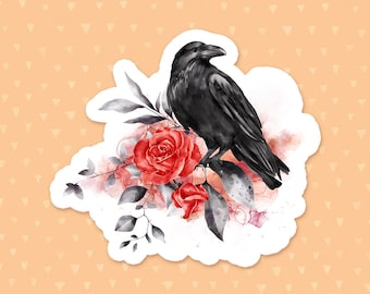 Watercolor Raven Sticker, Red Roses, Gothic Flowers, Floral Laptop Sticker, Water Bottle Sticker, Phone Case Sticker, Waterproof Sticker