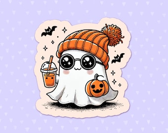 Cute Fall Ghost Sticker, Pumpkin Sticker, Bat Sticker, Halloween Sticker, Fall Sticker, Spooky Season Sticker, Gift For Halloween Lovers