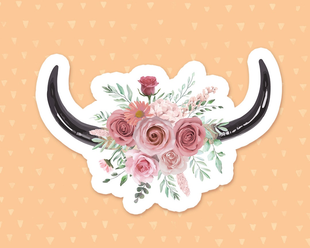 Floral Bull Skull Sticker, Watercolor Flowers, Rustic Laptop Sticker ...